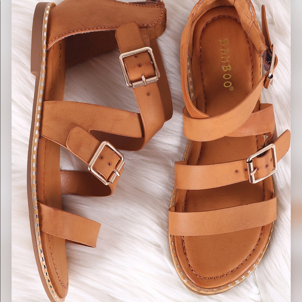 Strappy Open Toe Metallic Trim Flat Sandal - Picture 2 of 8